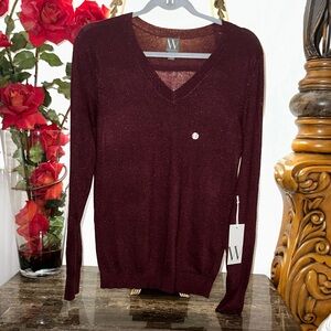 WORTHINGTON Womens Long Sleeve V neck - Maroon Berry Shine Color